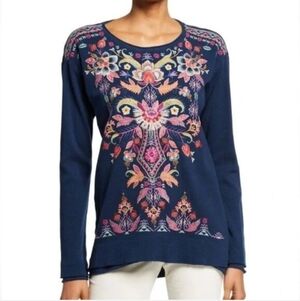 Johnny Was Loana Thermal Long Sleeve Top Embroidered Boho Navy